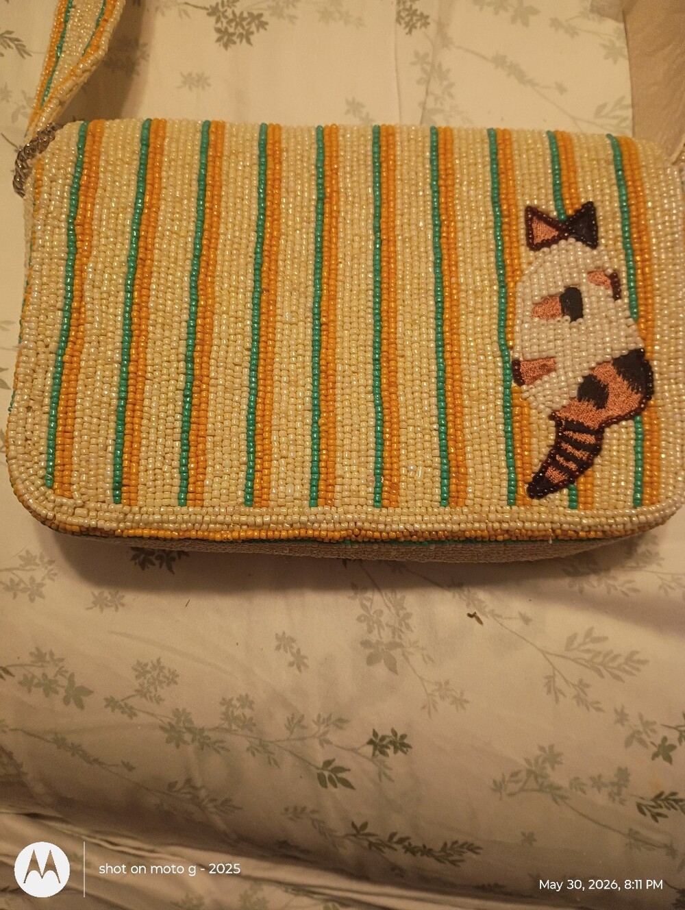 NWT Made in India Cats Kittens Grumpy Cute Striped Multicolor Beaded Bag - Picture 2 of 5